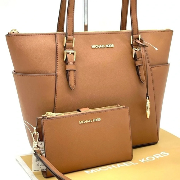Michael Kors Large Charlotte Tote Bag & Double Zip Wallet Brown (NWT) - Picture 1 of 12